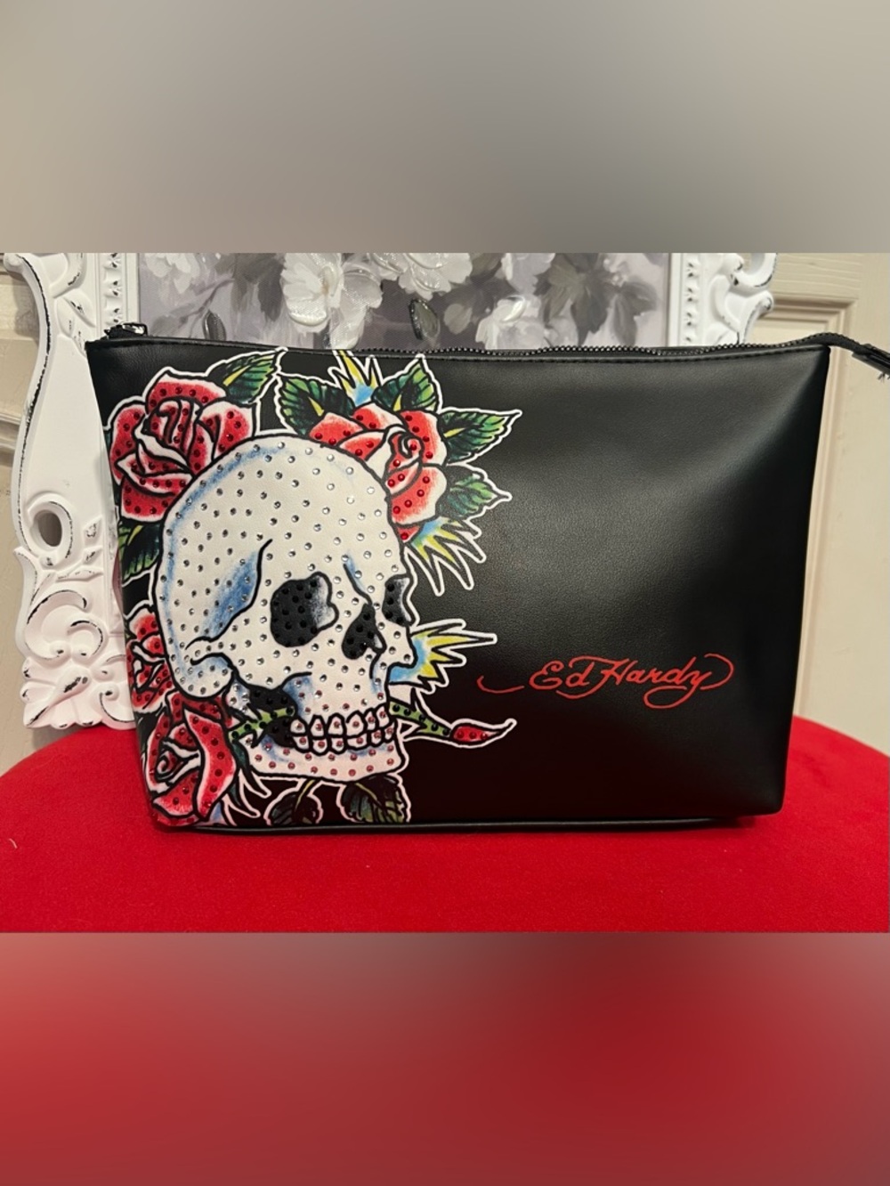 ❤️‍🔥Ed Hardy Rhinestone Black Skull & Rose Cosmetic Pouch-NWT❤️‍🔥